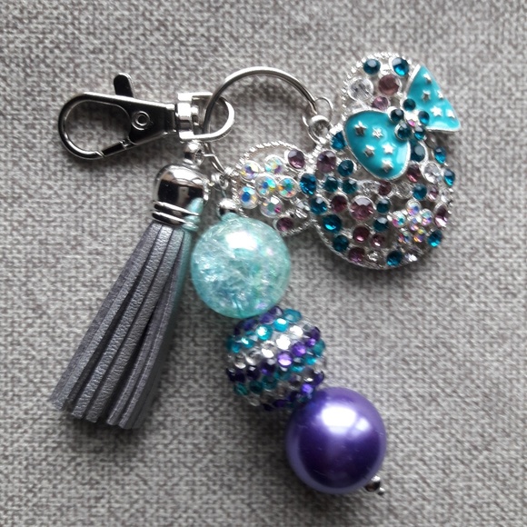 Women's Girls Purple Turquoise Rhinestone Mouse Ears Beaded Keychain Purse Charm - Picture 1 of 2